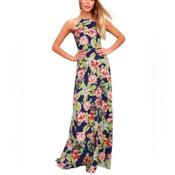 Lulus Havana Oh NaNa Navy Blue Floral Print Maxi Dress Medium Tropical Resort - Picture 1 of 10